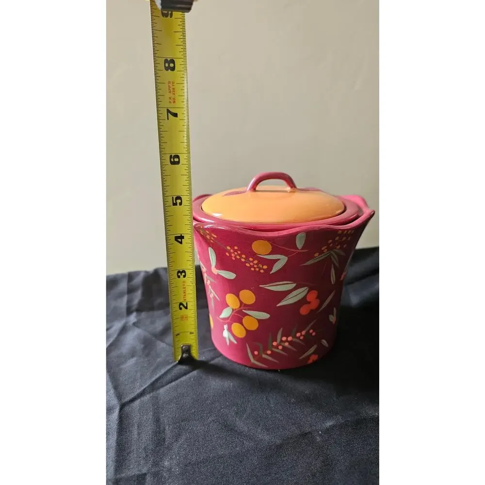 Vintage Swiss Colony Dk Red Floral Ceramic Butter Crock Keeper Jar 3 Pc Set